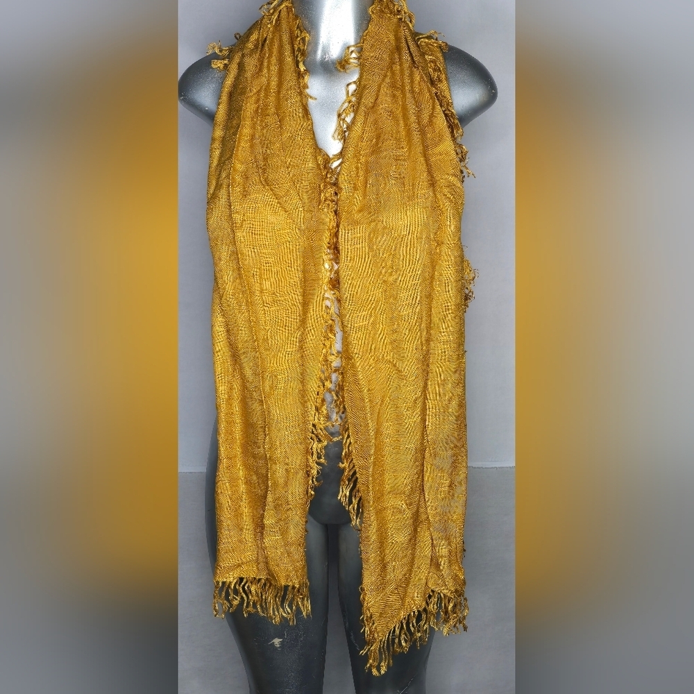 Honey Mustard Yellow Gold Woven Rayon Fringe Scarf, 69” X 12” 2” Fringe